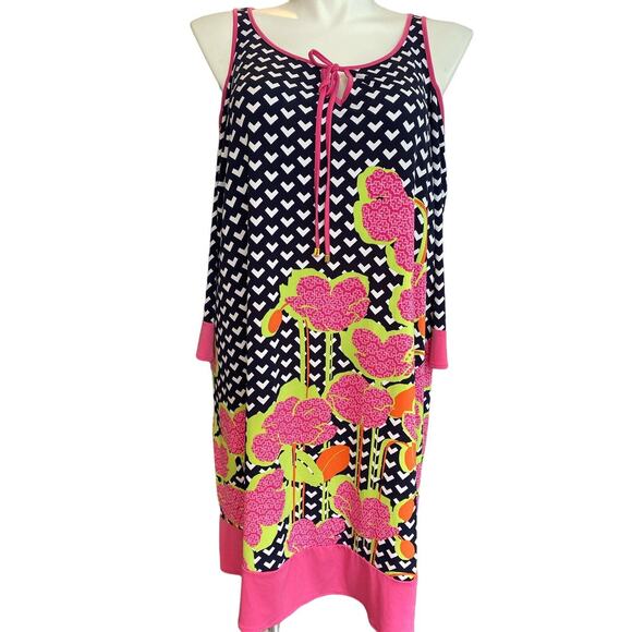 2X Kaari Blue Curvy Cold Shoulder Geometric Dress Shift